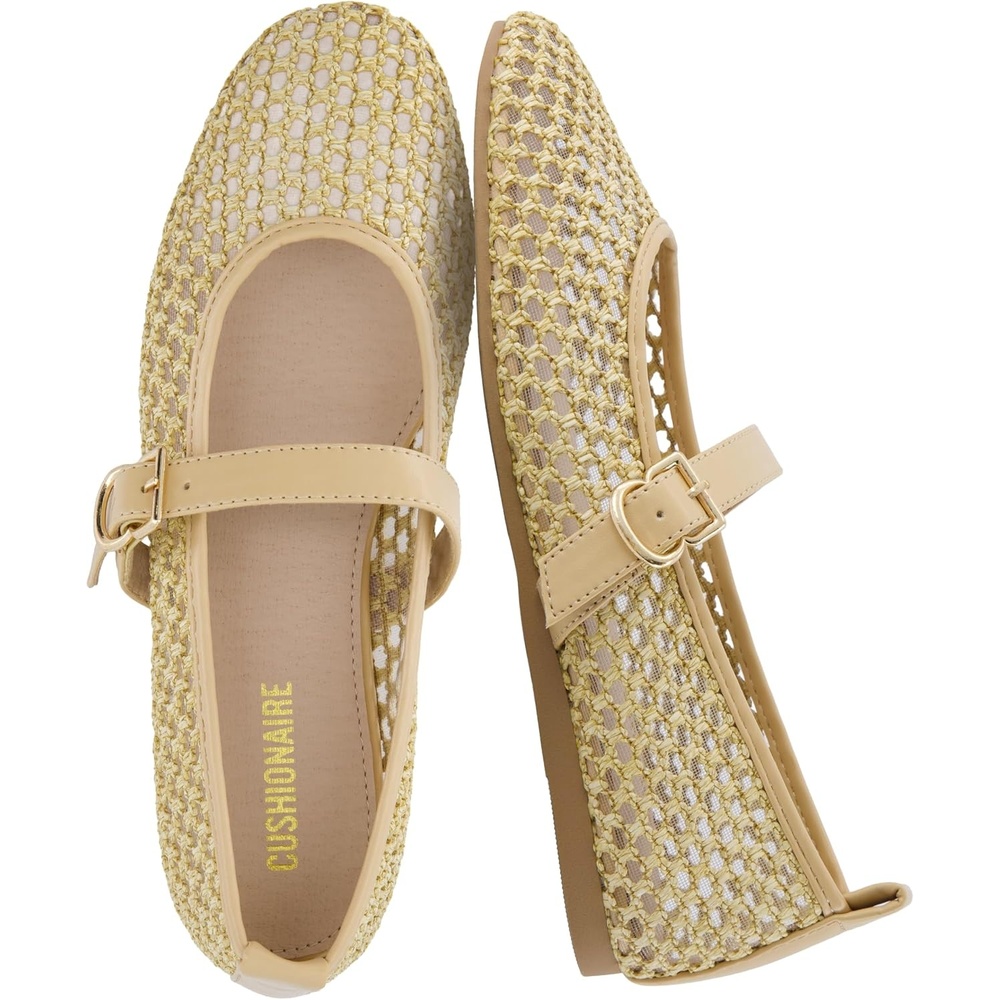 image:imageCUSHIONAIRE Gracie Mesh Mary Jane Flats for Women Breathable Ballet Flats with Adjustable Buckle Strap and Memory Foam CushioningNatural