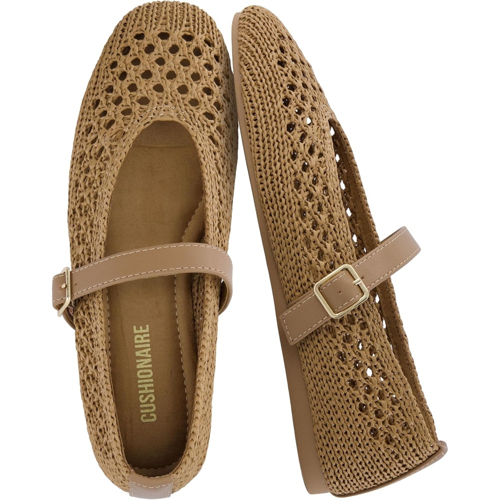 image:imageCUSHIONAIRE Graff Mary Jane Shoes for Women Woven Ballet Flats with Adjustable Buckle Strap Lightweight Slip On ShoesTaupe