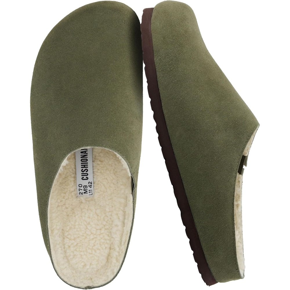 image:imageCUSHIONAIRE Heath Genuine Suede Cozy Mens Slippers Faux Fur Clog House Shoes with Memory Foam Indoor Outdoor Slippers for MenOlive