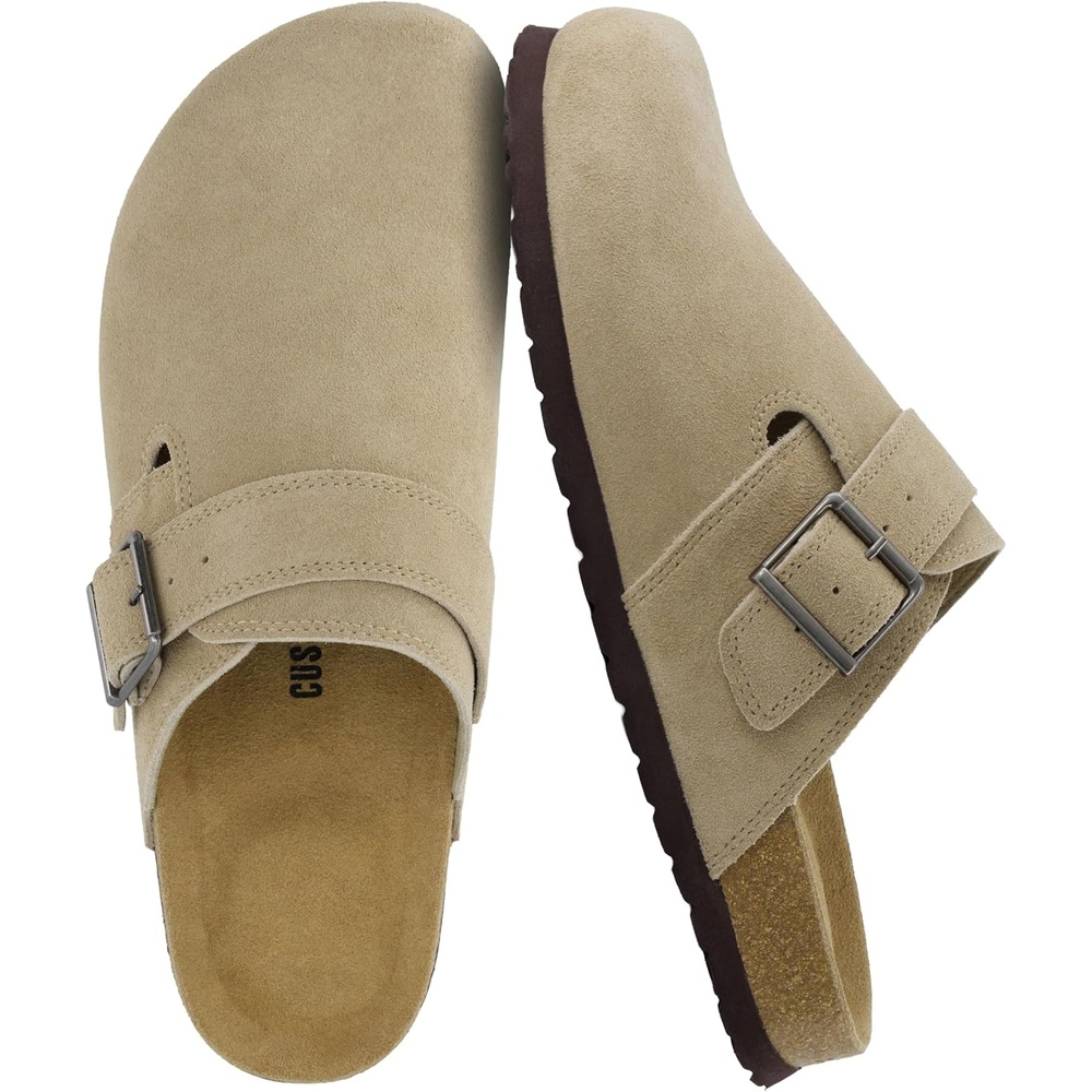 image:imageCUSHIONAIRE Hugo Genuine Leather Suede Clogs for Men  Comfortable Slip On Shoes with Adjustable Buckle Closed Toe Mens SlidesTaupe