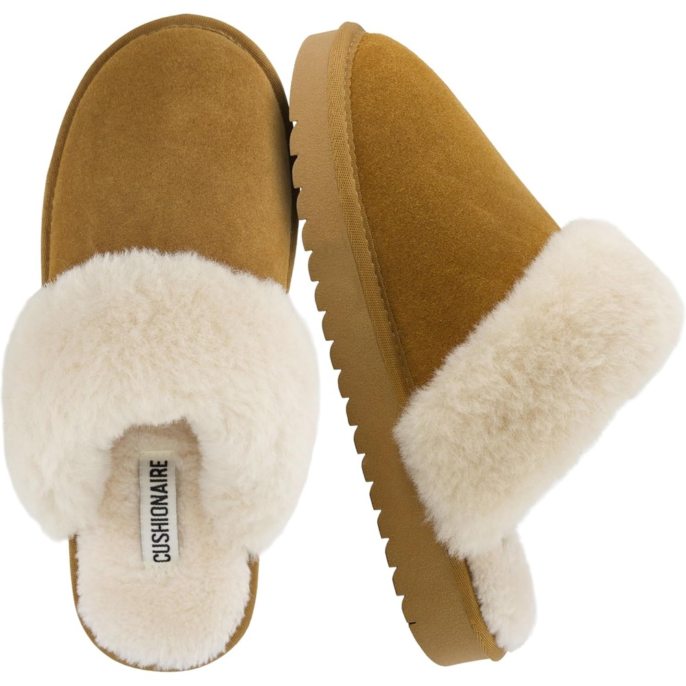 image:imageCUSHIONAIRE Hush 100 Genuine Suede Cozy Womens Slippers with Faux Fur Lining  Slip On Comfortable Mule House Slippers for Women Indoor and OutdoorChestnut