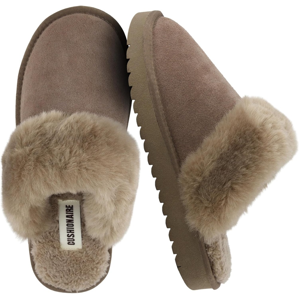 image:imageCUSHIONAIRE Hush 100 Genuine Suede Cozy Womens Slippers with Faux Fur Lining  Slip On Comfortable Mule House Slippers for Women Indoor and OutdoorTaupe