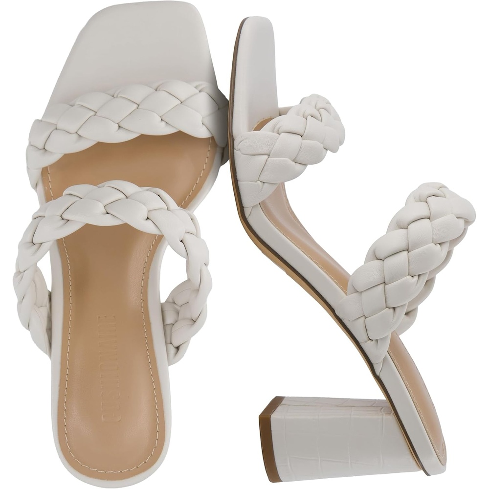 image:imageCUSHIONAIRE Irine Chunky Heels for Women Braided Block Heel Sandals with Square Toe and Memory FoamCream