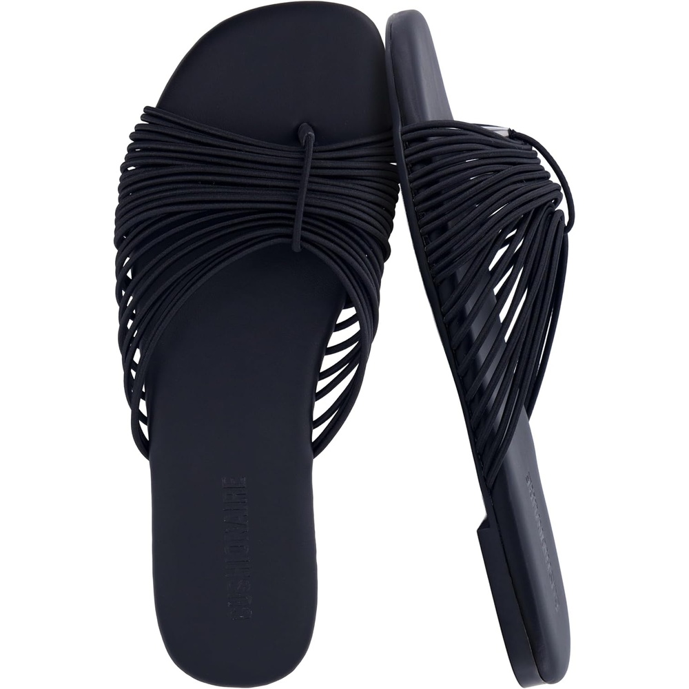 image:imageCUSHIONAIRE Lanky Strappy Sandals for Women Trendy MultiStrap Square Toe Flat Slide Womens Sandals with Cushioned FootbedBlack