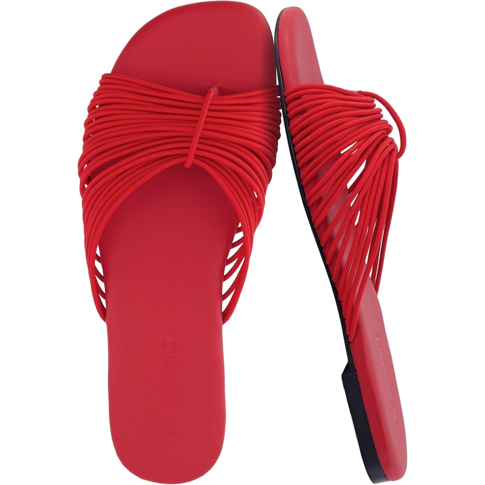 image:imageCUSHIONAIRE Lanky Strappy Sandals for Women Trendy MultiStrap Square Toe Flat Slide Womens Sandals with Cushioned FootbedRed