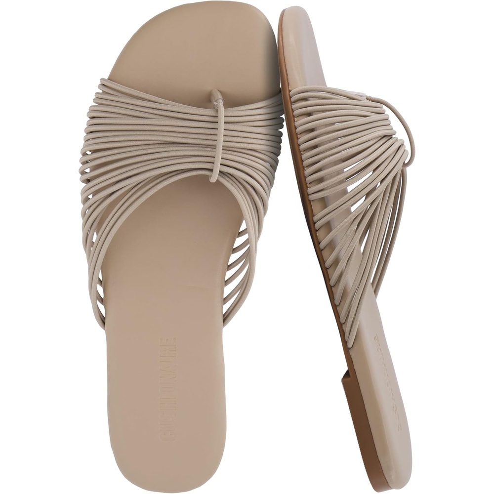 image:imageCUSHIONAIRE Lanky Strappy Sandals for Women Trendy MultiStrap Square Toe Flat Slide Womens Sandals with Cushioned FootbedTaupe