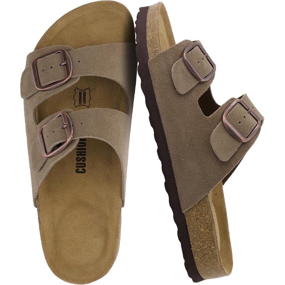 image:imageCUSHIONAIRE Logo 100 Genuine Leather Suede Slides for Women Cushioned Cork Footbed Womens Sandals with Adjustable Buckles and Memory FoamMoss