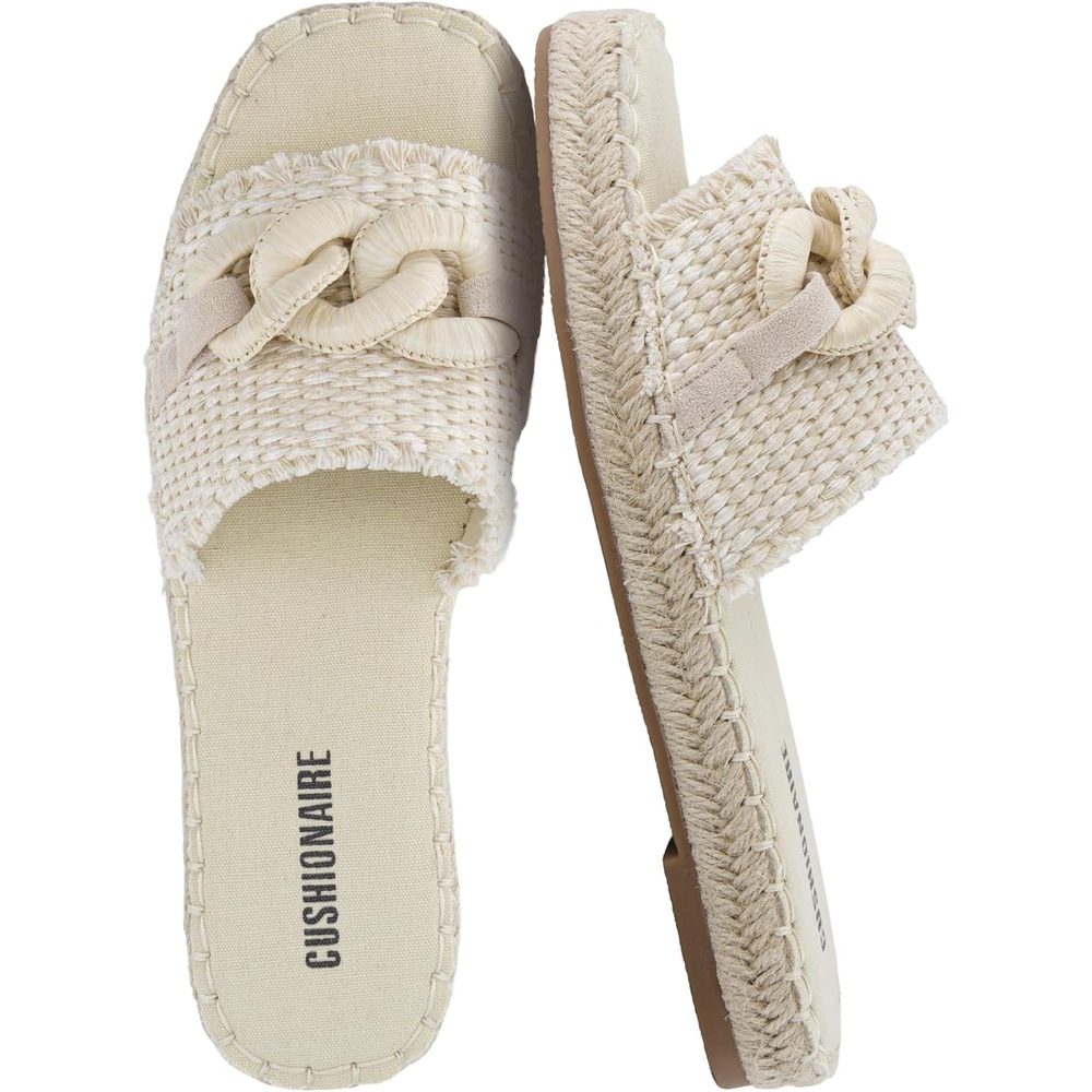 image:imageCUSHIONAIRE Lucia Raffia Bow Espadrille Sandals for Women Woven Straw Flat Slide Summer Sandals with Cushioned FootbedBeige