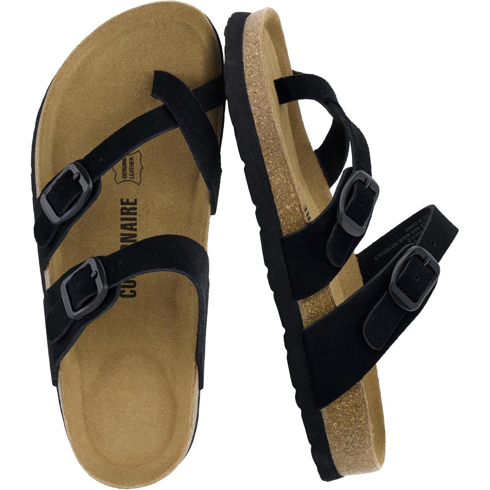 image:imageCUSHIONAIRE Lucky 100 Genuine Leather Suede Womens Sandals Comfortable Cork Footbed Slides for Women with Adjustable BucklesBlack