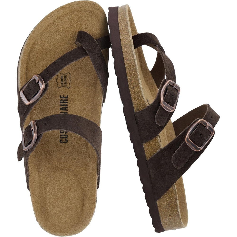 image:imageCUSHIONAIRE Lucky 100 Genuine Leather Suede Womens Sandals Comfortable Cork Footbed Slides for Women with Adjustable BucklesChocolate