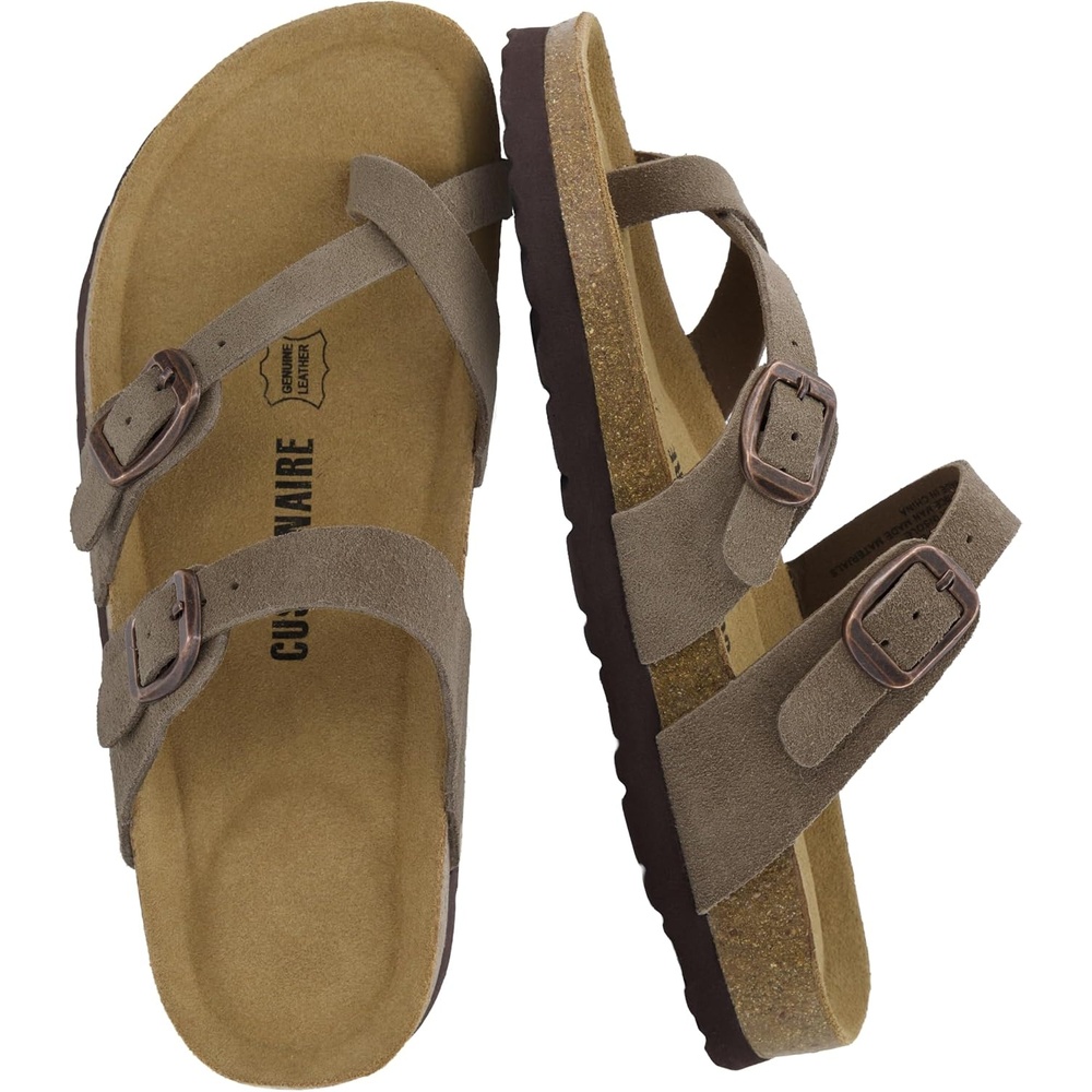 image:imageCUSHIONAIRE Lucky 100 Genuine Leather Suede Womens Sandals Comfortable Cork Footbed Slides for Women with Adjustable BucklesMoss