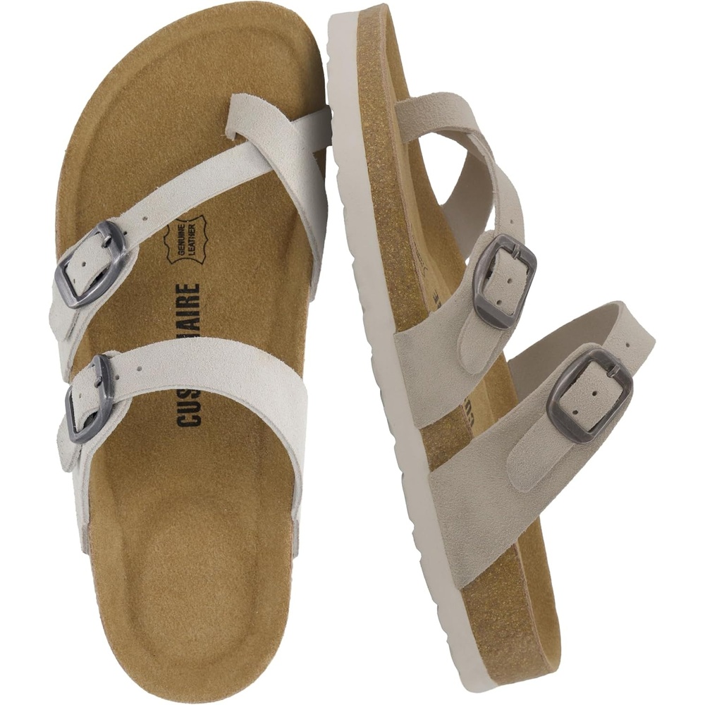 image:imageCUSHIONAIRE Lucky 100 Genuine Leather Suede Womens Sandals Comfortable Cork Footbed Slides for Women with Adjustable BucklesStone