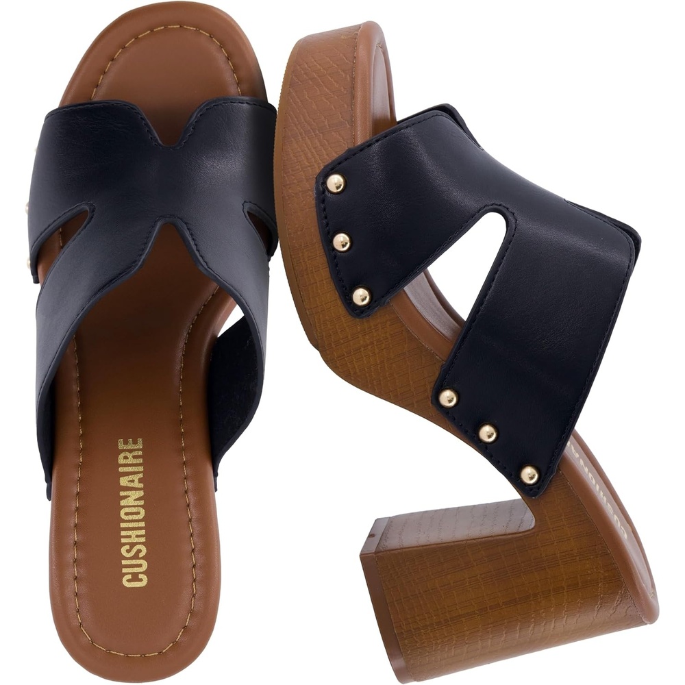 image:imageCUSHIONAIRE Markie Chunky Block Heel Sandals for Women with Faux Wood Heel and Memory FoamBlack