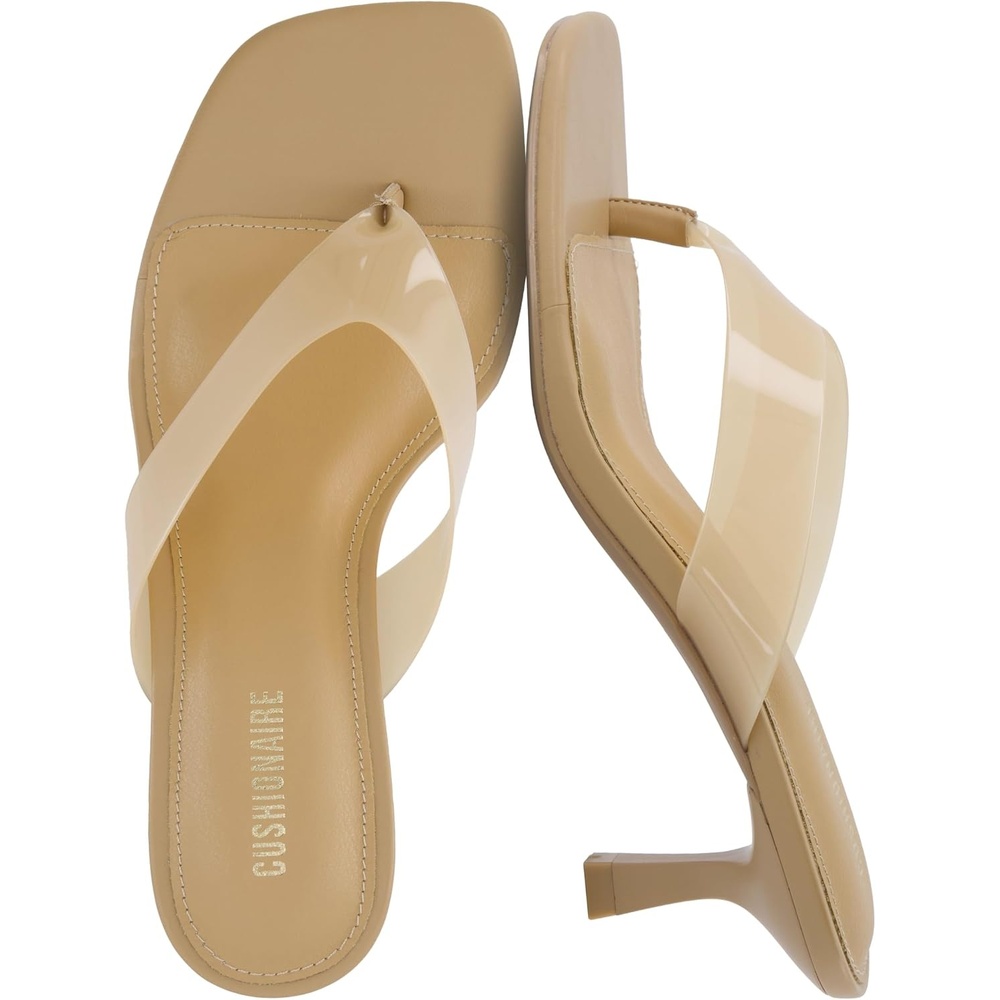 image:imageCUSHIONAIRE Mezzo Clear Strap Kitten Heels for Women Square Toe Flip Flop Sandal Heels with Memory Foam ComfortNude