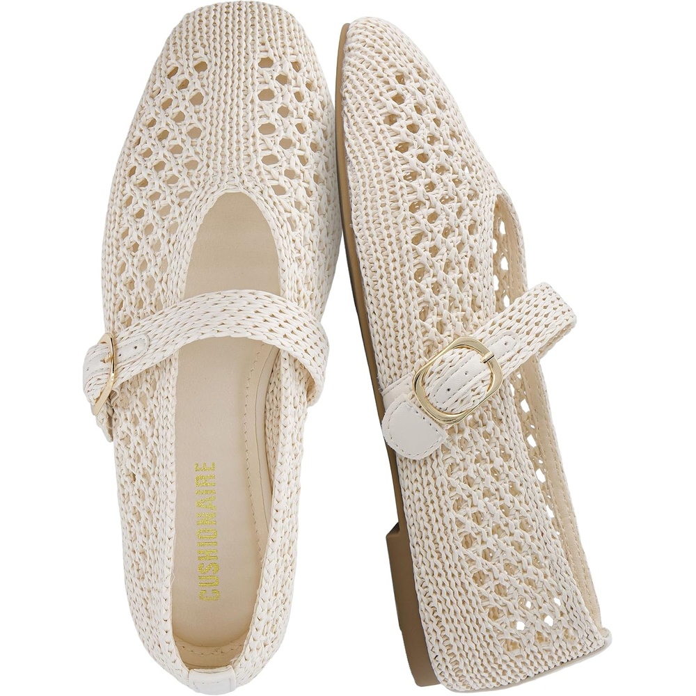 image:imageCUSHIONAIRE Monet Woven Mary Jane Flats for Women Comfortable Ballet Flats with Adjustable GoldTone Buckle Strap and Memory Foam CushioningCream