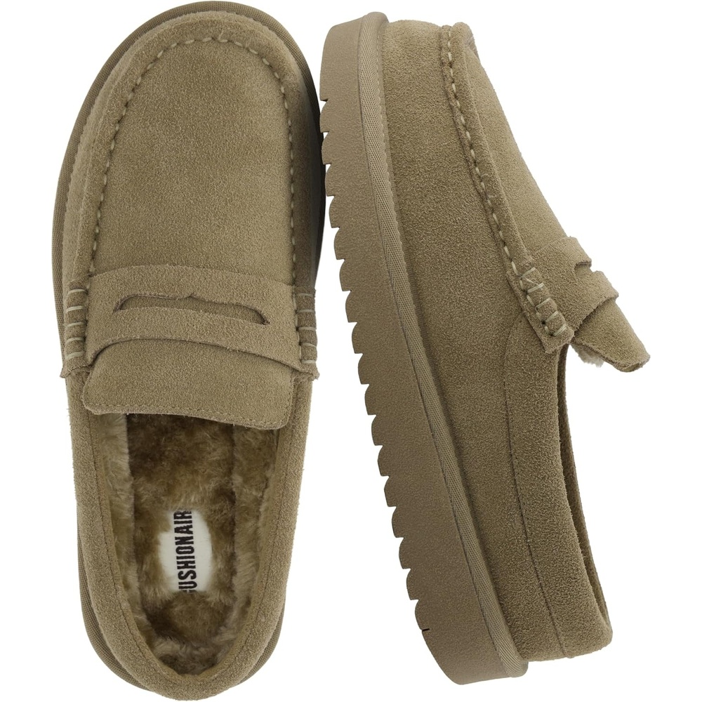 image:imageCUSHIONAIRE Ollie Cozy Genuine Suede Clogs for Women Comfortable SlipOn Mule Loafers with Faux Fur Lining Memory Foam Cushioning and Durable Rubber SoleMoss