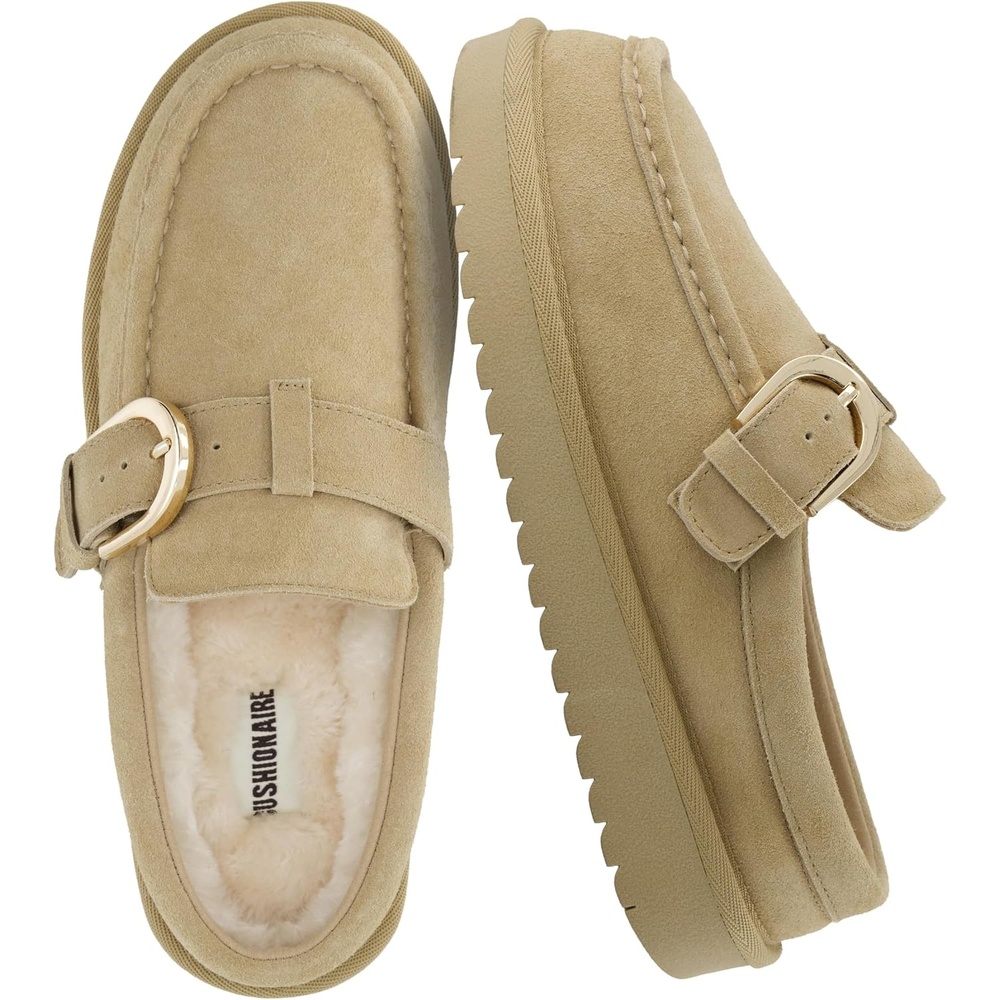 image:imageCUSHIONAIRE Origin Genuine Suede Mule Clogs for Women Cozy SlipOn Moc Toe Loafer with Buckle and Faux Fur Cushioned FootbedBiscuit