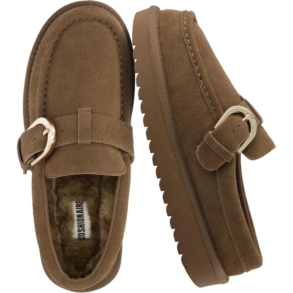 image:imageCUSHIONAIRE Origin Genuine Suede Mule Clogs for Women Cozy SlipOn Moc Toe Loafer with Buckle and Faux Fur Cushioned FootbedBrown