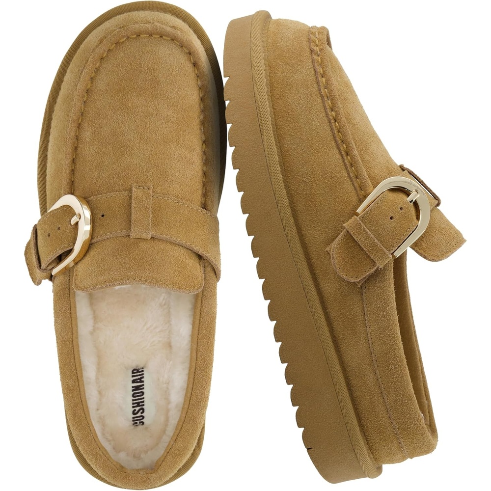 image:imageCUSHIONAIRE Origin Genuine Suede Mule Clogs for Women Cozy SlipOn Moc Toe Loafer with Buckle and Faux Fur Cushioned FootbedChestnut