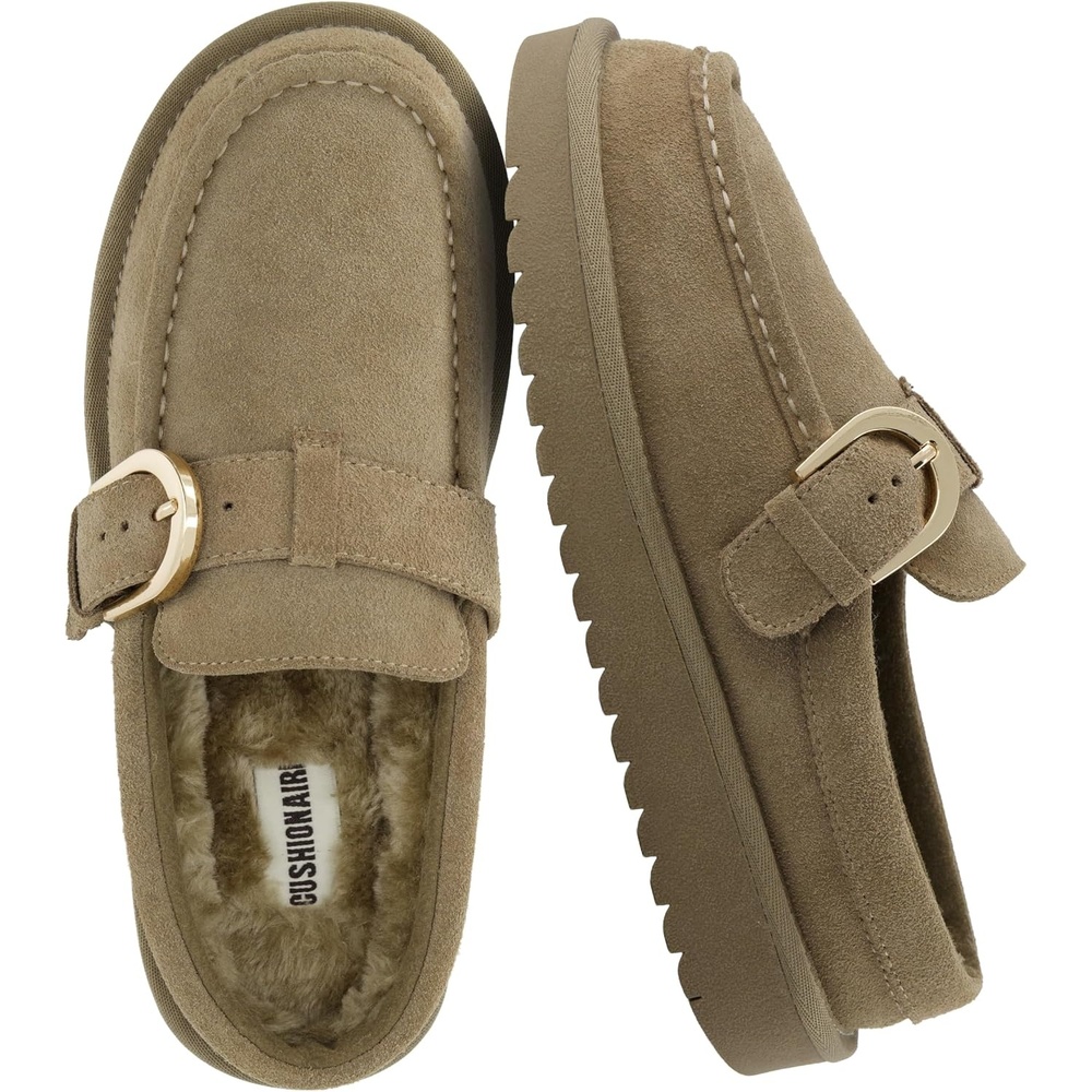 image:imageCUSHIONAIRE Origin Genuine Suede Mule Clogs for Women Cozy SlipOn Moc Toe Loafer with Buckle and Faux Fur Cushioned FootbedMoss