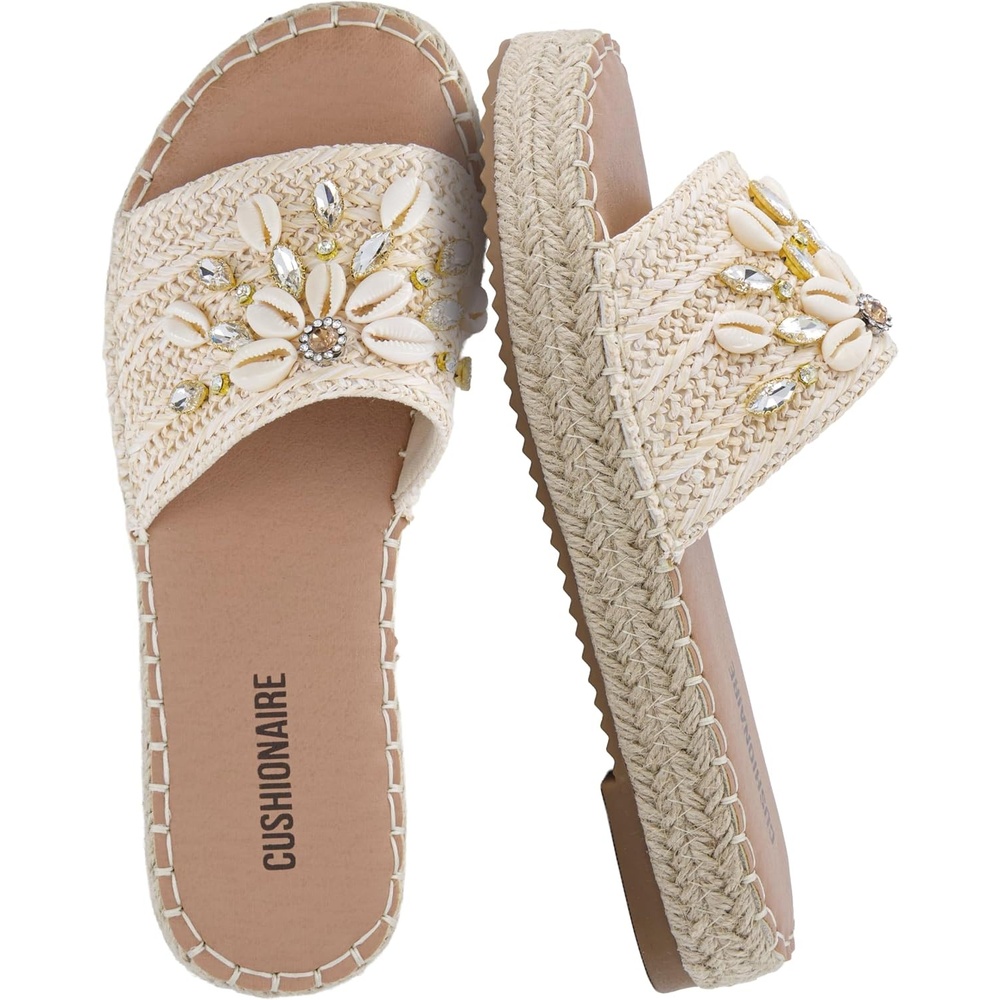 image:imageCUSHIONAIRE Playa Espadrille Platform Sandals for Women Decorative Shell Embellishment and Boho Woven Detail Womens SlidesNatural