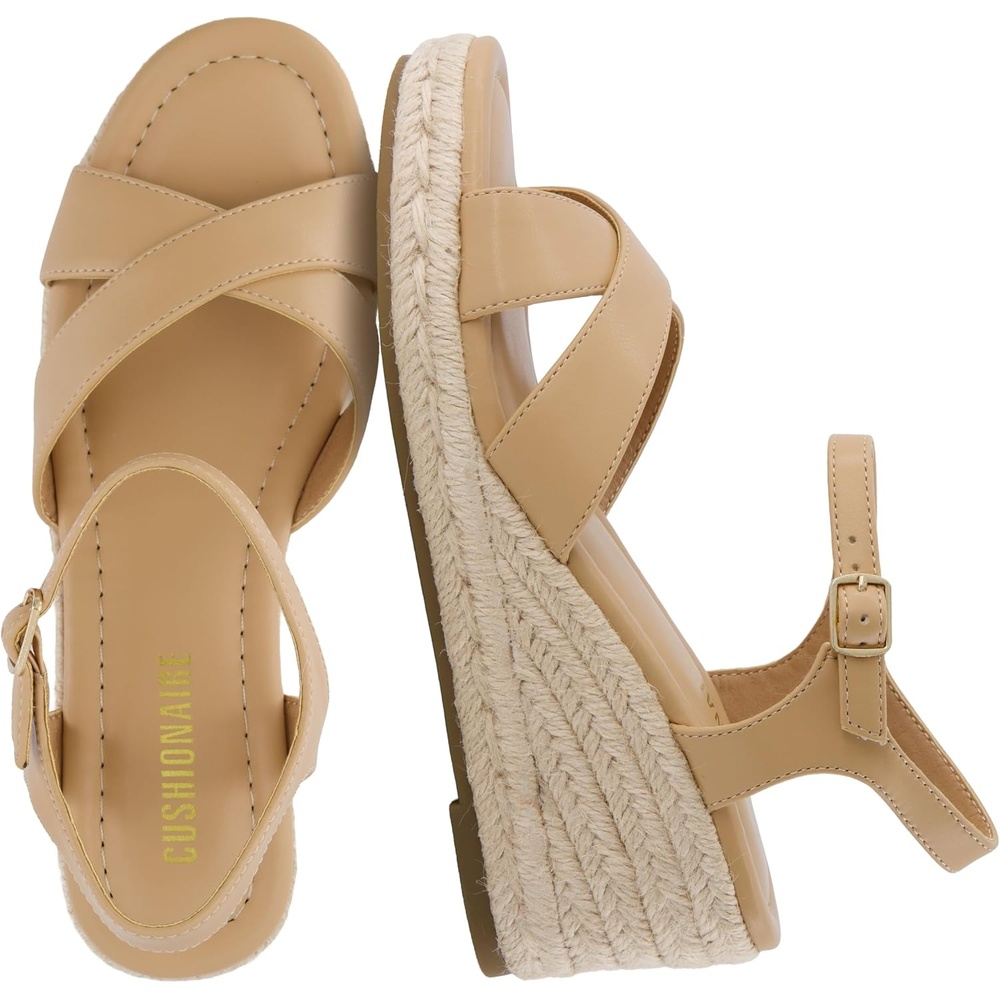 image:imageCUSHIONAIRE Prego Espadrille Wedge Sandals for Women Crisscross Open Toe Wedge Heels with Adjustable Ankle StrapTan
