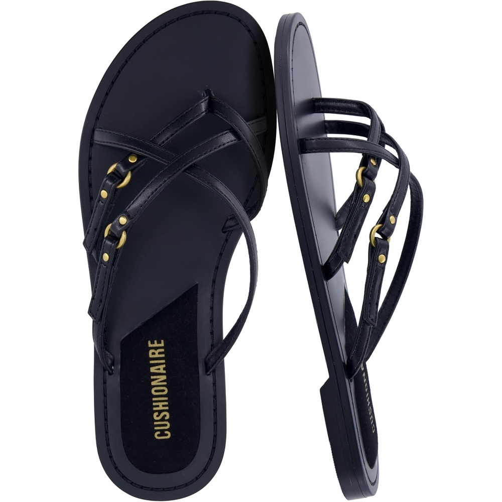image:imageCUSHIONAIRE Raz Thong Strappy Sandals for Women Minimalist Flat Sandals with Decorative Ring AccentsBlack