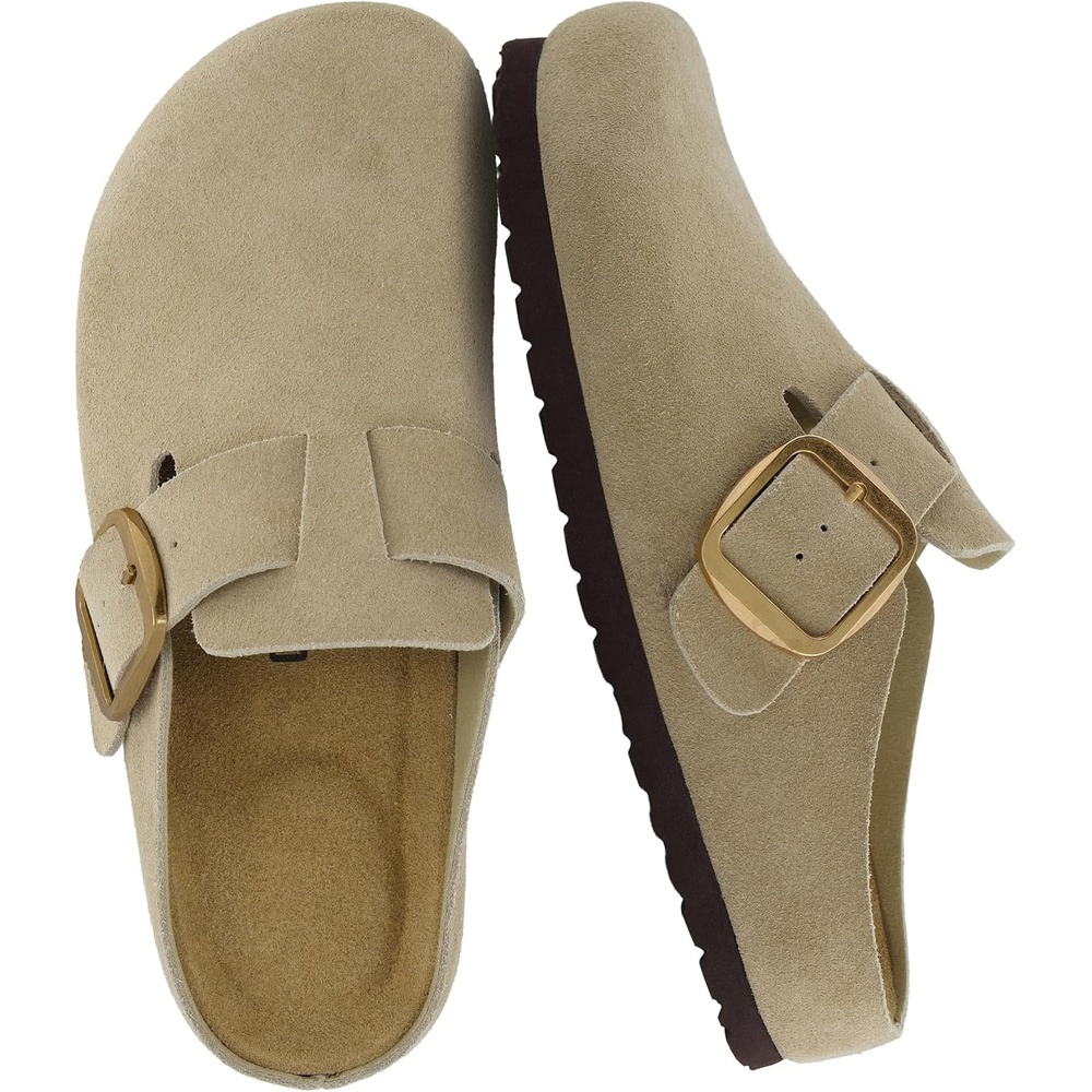 image:imageCUSHIONAIRE Rusty Genuine Leather Clogs for Women Comfortable Slip On Womens Shoes with Adjustable Buckle and Soft Memory FoamBeige