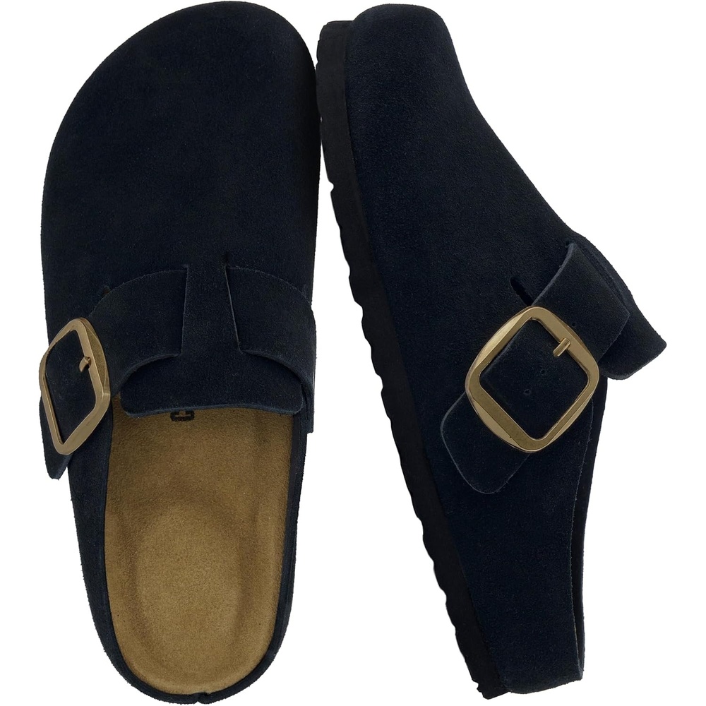 image:imageCUSHIONAIRE Rusty Genuine Leather Clogs for Women Comfortable Slip On Womens Shoes with Adjustable Buckle and Soft Memory FoamBlack
