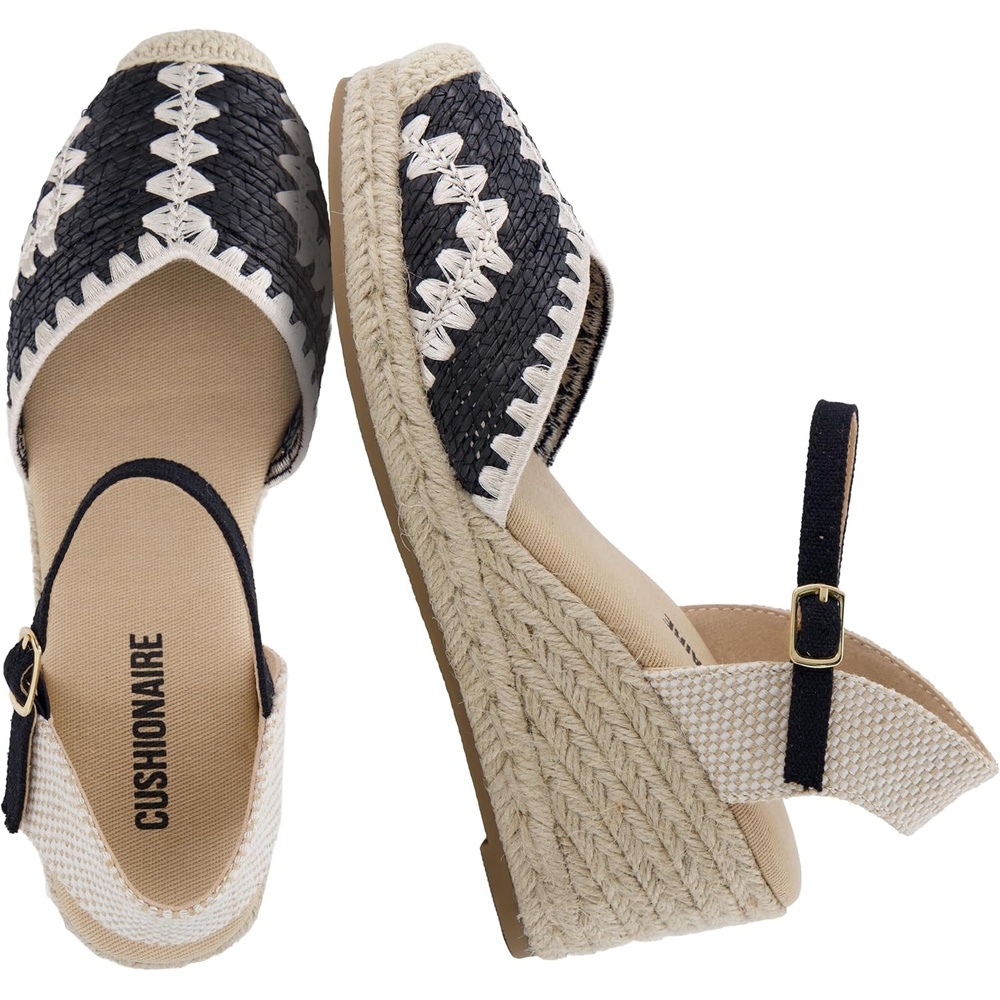 image:imageCUSHIONAIRE Samba Raffia Espadrilles for Women Closed Toe Wedges with Adjustable Ankle Strap and Comfort FootbedBlack