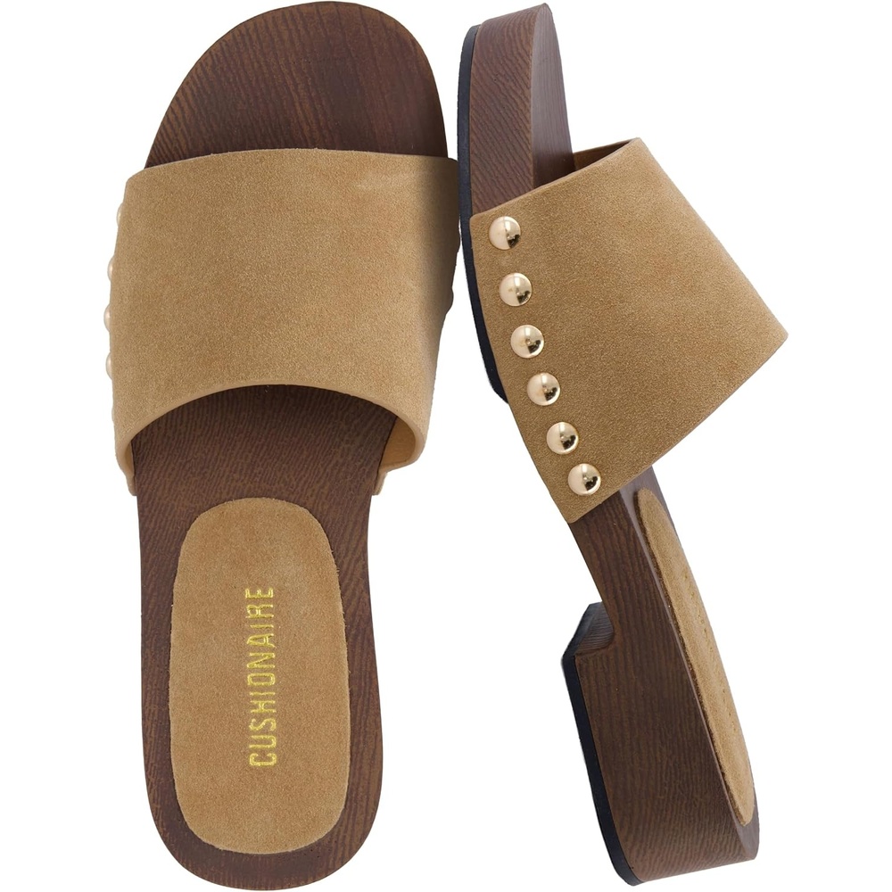 image:imageCUSHIONAIRE Timmi 100 Genuine Leather Suede Slides for Women Slip On Low Heeled Dress Sandal with Studded DetailGrey Genuine Suede