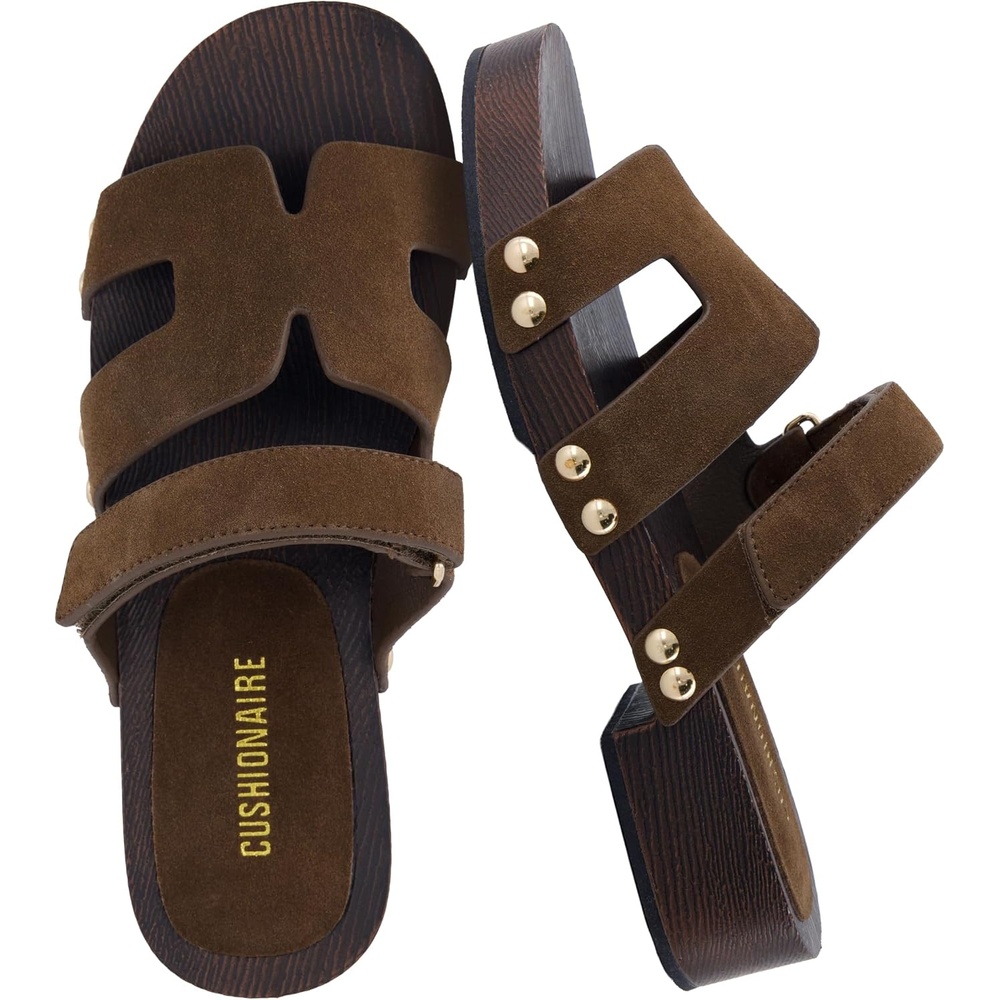 image:imageCUSHIONAIRE Tokyo Vegan Leather Suede Platform Sandals for Women Adjustable Strap Heeled Slide Sandals with Memory Foam ComfortBrown Genuine Suede