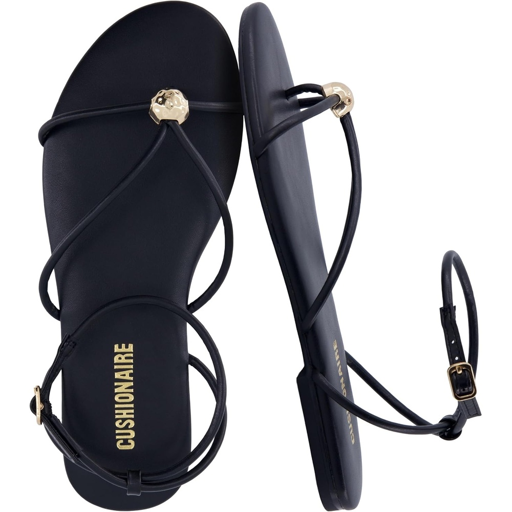 image:imageCUSHIONAIRE Tory Strappy Flat Sandals for Women Toe Ring Sandals with Adjustable Buckle Ankle Strap Wrap StyleBlack