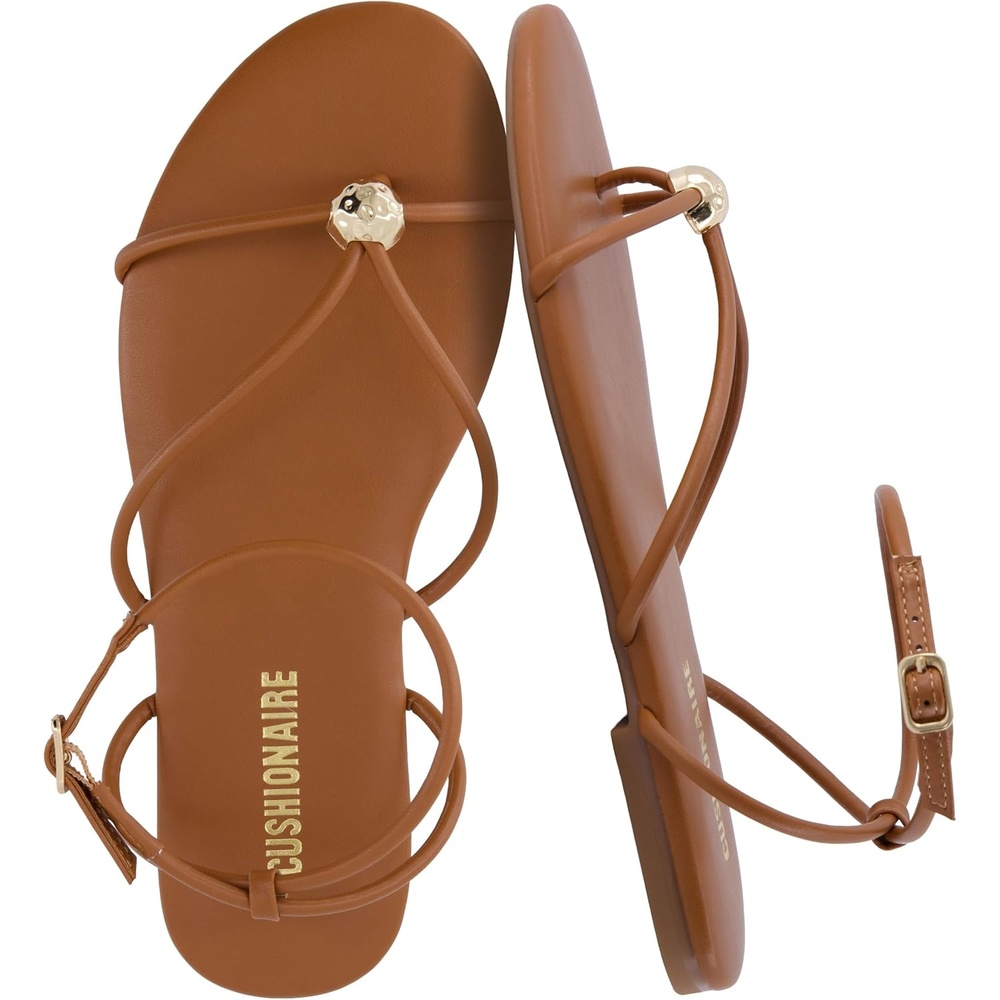 image:imageCUSHIONAIRE Tory Strappy Flat Sandals for Women Toe Ring Sandals with Adjustable Buckle Ankle Strap Wrap StyleWhiskey