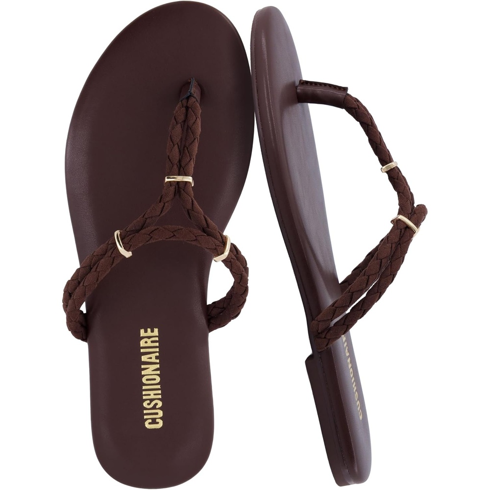 image:imageCUSHIONAIRE Trio Flip Flops for Women Comfortable Beach Sandals with Braided Thong Strap Memory Foam Footbed and Metallic Ring AccentsChocolate