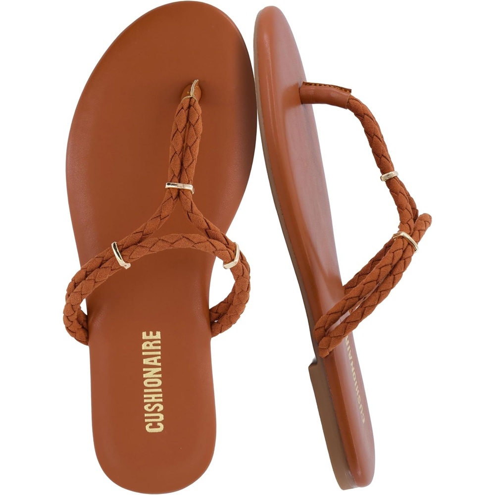 image:imageCUSHIONAIRE Trio Flip Flops for Women Comfortable Beach Sandals with Braided Thong Strap Memory Foam Footbed and Metallic Ring AccentsCognac