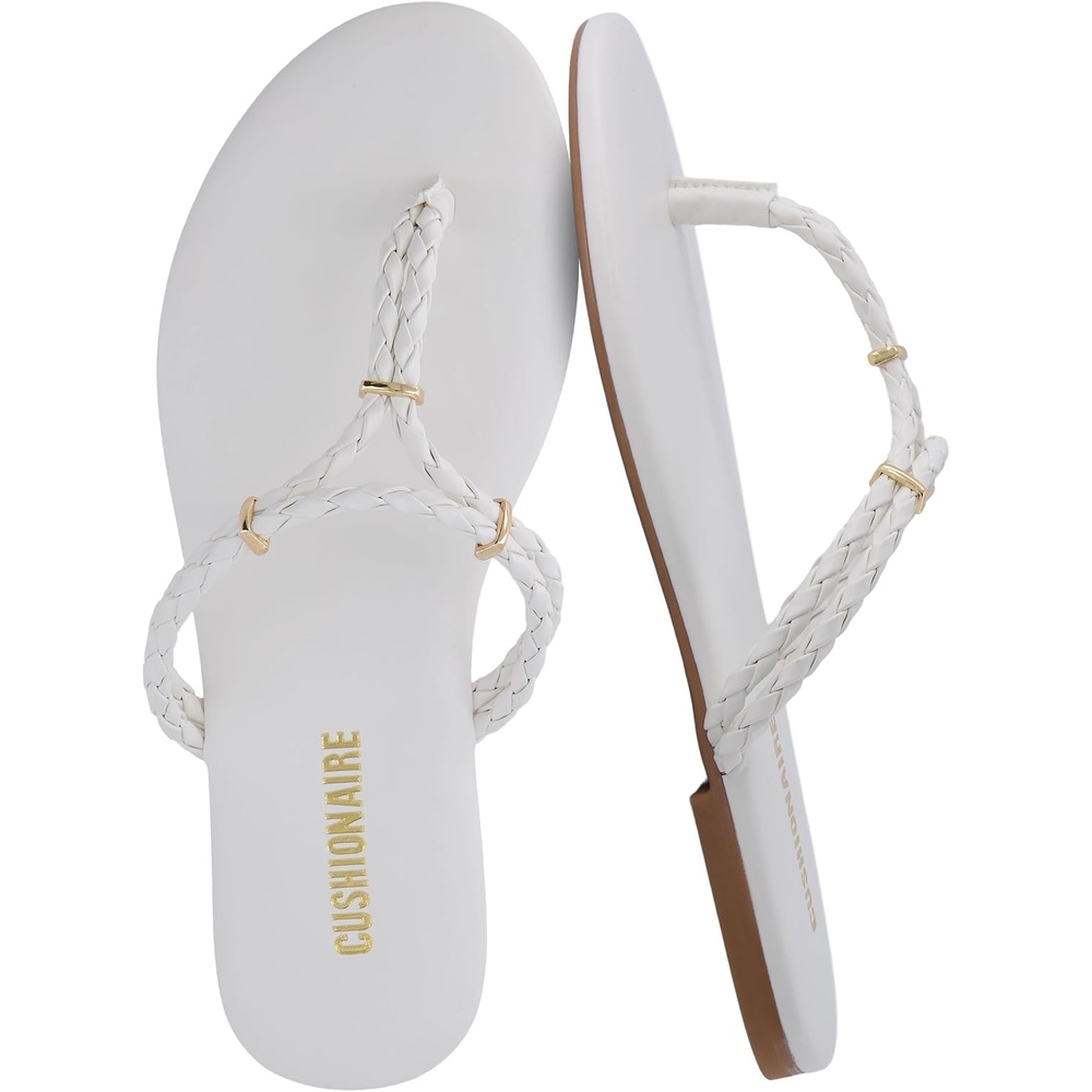 image:imageCUSHIONAIRE Trio Flip Flops for Women Comfortable Beach Sandals with Braided Thong Strap Memory Foam Footbed and Metallic Ring AccentsIvory