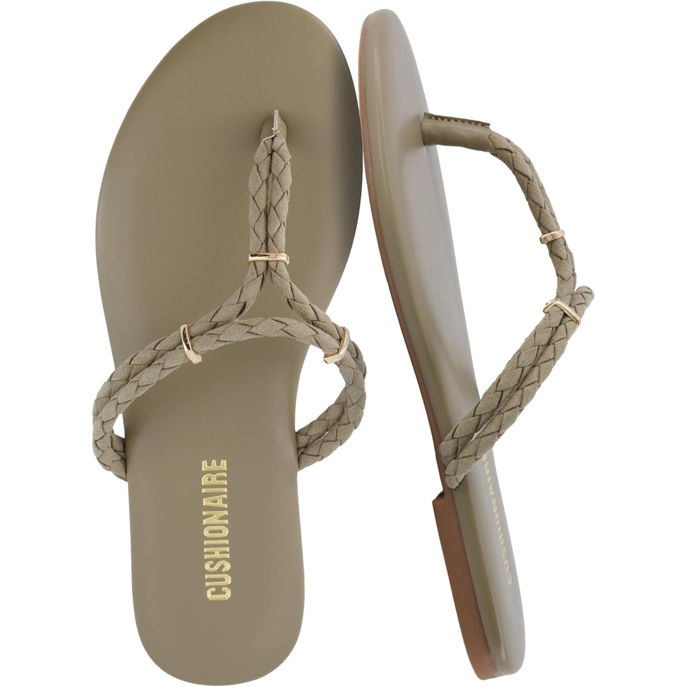 image:imageCUSHIONAIRE Trio Flip Flops for Women Comfortable Beach Sandals with Braided Thong Strap Memory Foam Footbed and Metallic Ring AccentsSage