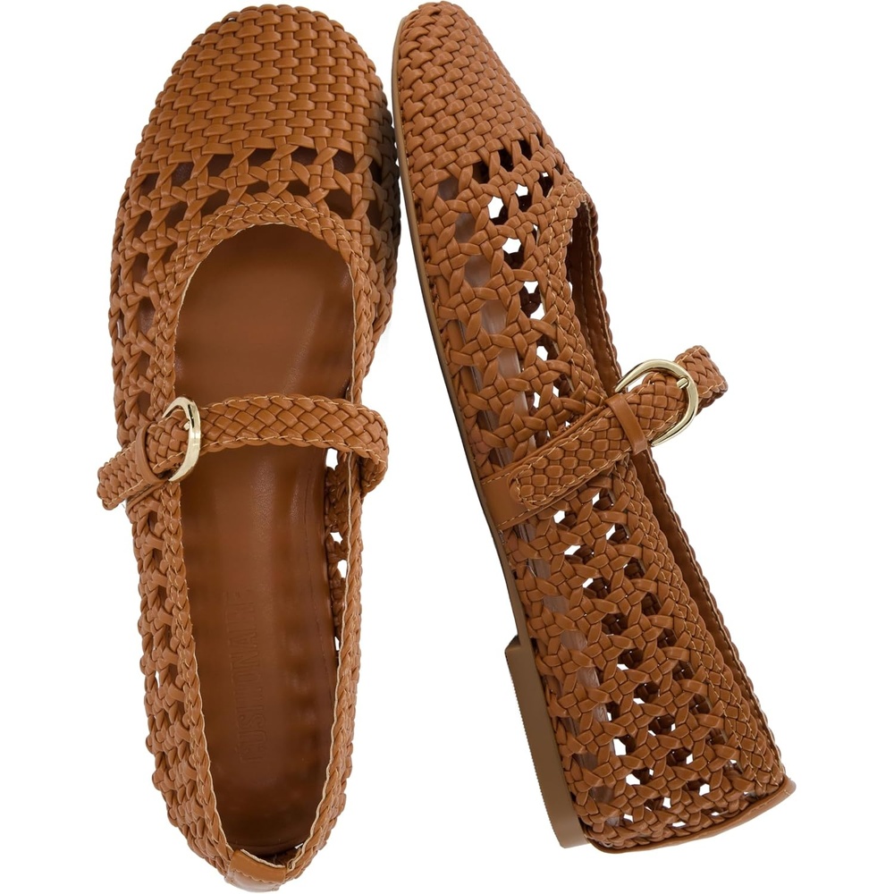 image:imageCUSHIONAIRE Windsor Woven Womens Flats with Adjustable Strap Comfortable Mary Jane Ballet Flats for WomenCognac