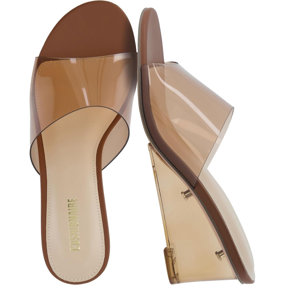 image:imageCUSHIONAIRE Womens Gloss Lucite Wedge Heel Mule Sandals Memory Foam Wide Widths AvailableBrown