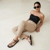 CUSHIONAIRE Alias Squared Toe Womens Sandals, T-Strap Flat Sandal with Cushioned Footbed and Adjustable Ankle Strap(Black)