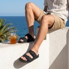 CUSHIONAIRE Alpha 100% Genuine Leather Mens Sandals, Casual Slip On Flat Men Slides with Adjustable Buckles(Black)