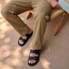 CUSHIONAIRE Alpha 100% Genuine Leather Mens Sandals, Casual Slip On Flat Men Slides with Adjustable Buckles(Black)