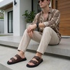 CUSHIONAIRE Alpha 100% Genuine Leather Mens Sandals, Casual Slip On Flat Men Slides with Adjustable Buckles(Brown)
