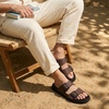 CUSHIONAIRE Alpha 100% Genuine Leather Mens Sandals, Casual Slip On Flat Men Slides with Adjustable Buckles(Brown)