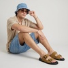 CUSHIONAIRE Alpha 100% Genuine Leather Mens Sandals, Casual Slip On Flat Men Slides with Adjustable Buckles(Camel)