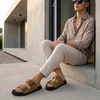 CUSHIONAIRE Alpha 100% Genuine Leather Mens Sandals, Casual Slip On Flat Men Slides with Adjustable Buckles(Camel)