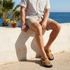 CUSHIONAIRE Alpha 100% Genuine Leather Mens Sandals, Casual Slip On Flat Men Slides with Adjustable Buckles(Camel)