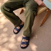 CUSHIONAIRE Alpha 100% Genuine Leather Mens Sandals, Casual Slip On Flat Men Slides with Adjustable Buckles(Navy)