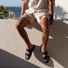 CUSHIONAIRE Alpha 100% Genuine Leather Mens Sandals, Casual Slip On Flat Men Slides with Adjustable Buckles(Navy)